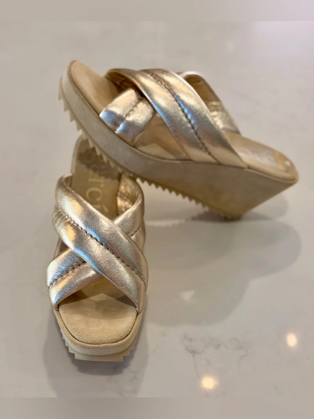 Pedro Garcia Florina Metallic Gold Crisscross Slide Wedges. Size 40EU/10US